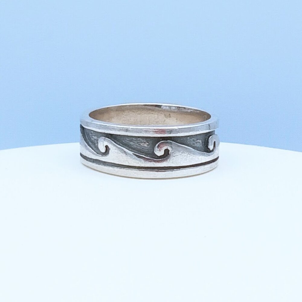 Vintage Sterling Silver Wave Scroll Oxidized Band Ring - Picture 10 of 13